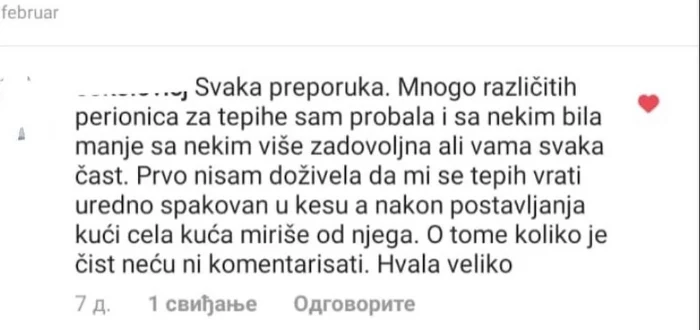 Komentar klijenta na Instagramu: mnogo različitih perionica je probala, tepih vraćen uredno spakovan u kesi, a kuća miriše nakon postavljanja