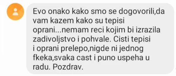 Privatna poruka klijenta: pohvale za oprane tepihe, čisti i bez ijedne fleke